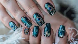 teal nails adorned by intricate peacock feather accents, blending sophistication with the splendor of nature 1600x900