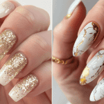 Collage of white and gold wedding nail art 1600x900