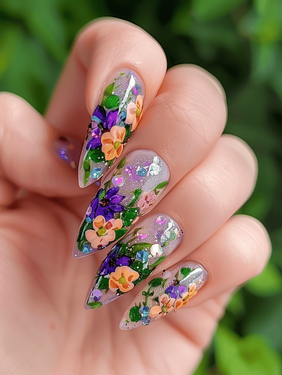 Floral nail art design with a wildflower bouquet and holographic accents